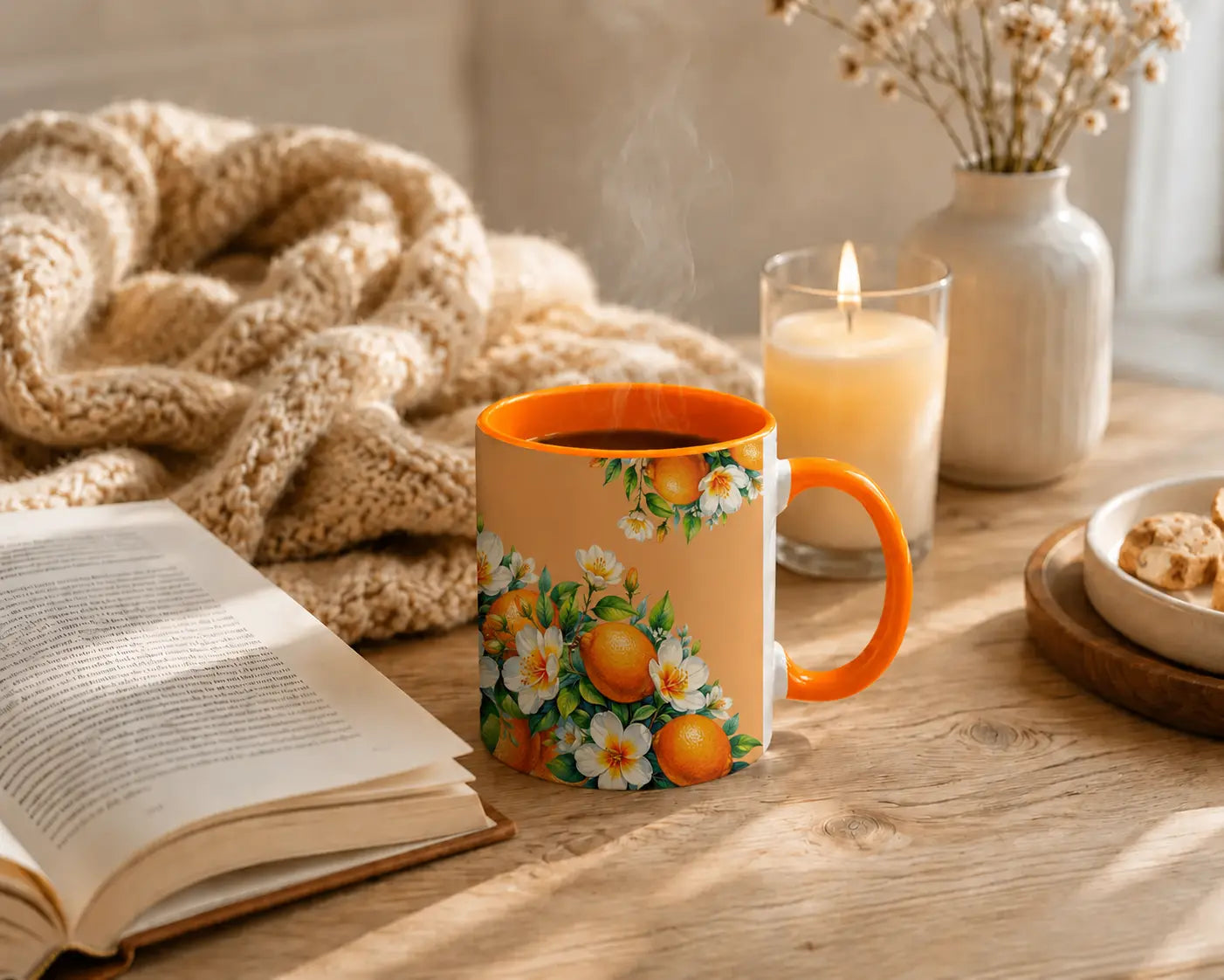 Keramische Mok Sinaasappels & Witte Bloesem – Oranje Handvat 325ml