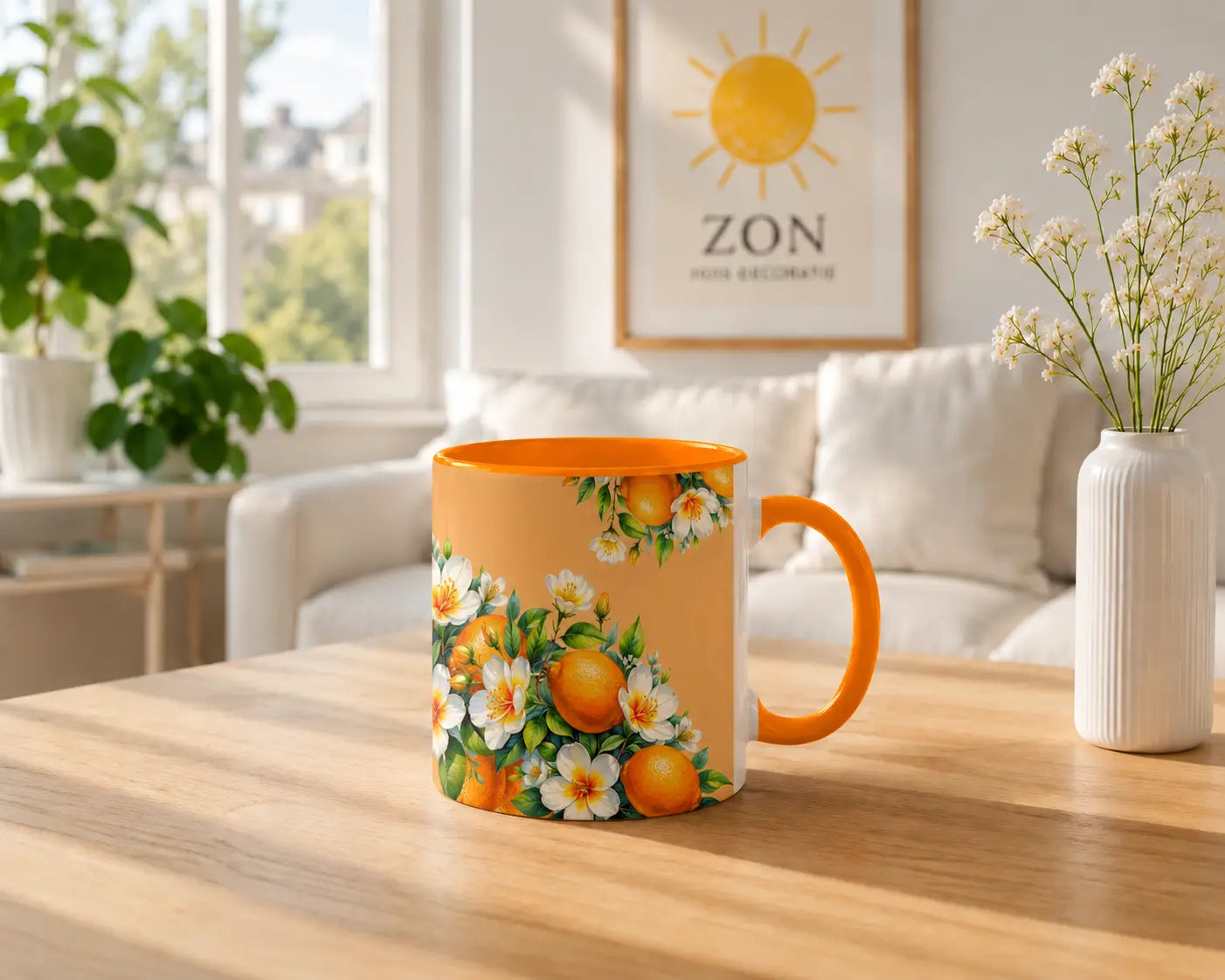 Keramische Mok Sinaasappels & Witte Bloesem – Oranje Handvat 325ml