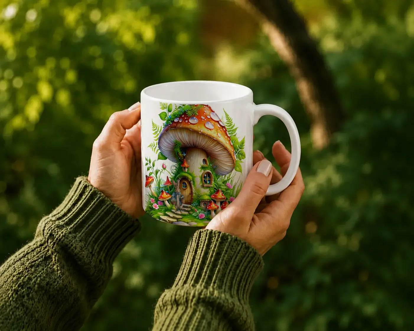 Keramische Mok Paddenstoelenhuis in het Bos – Wit Handvat 325ml
