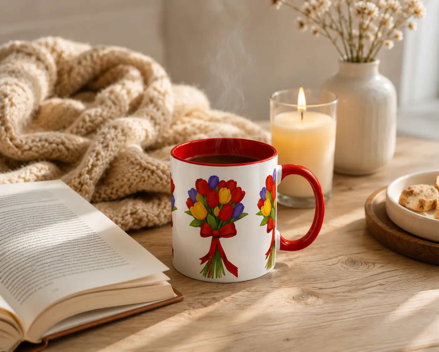 Ceramic Tulip Bouquet Mug – Red Handle 350ml