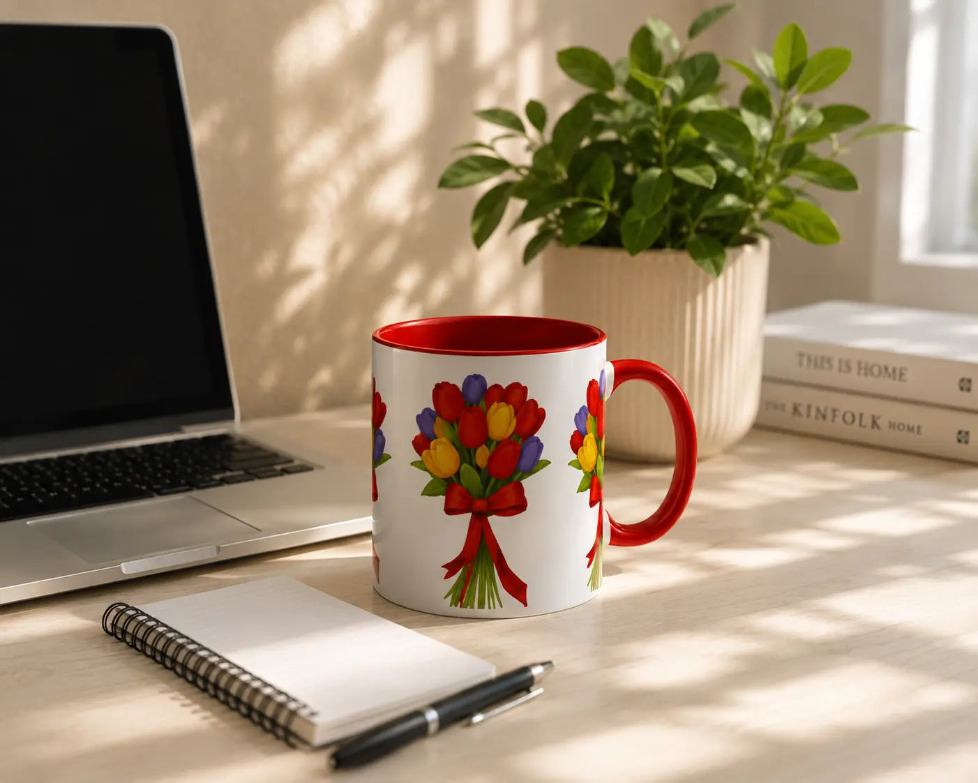 Ceramic Tulip Bouquet Mug – Red Handle 350ml