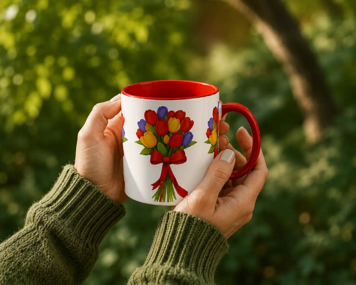 Ceramic Tulip Bouquet Mug – Red Handle 350ml