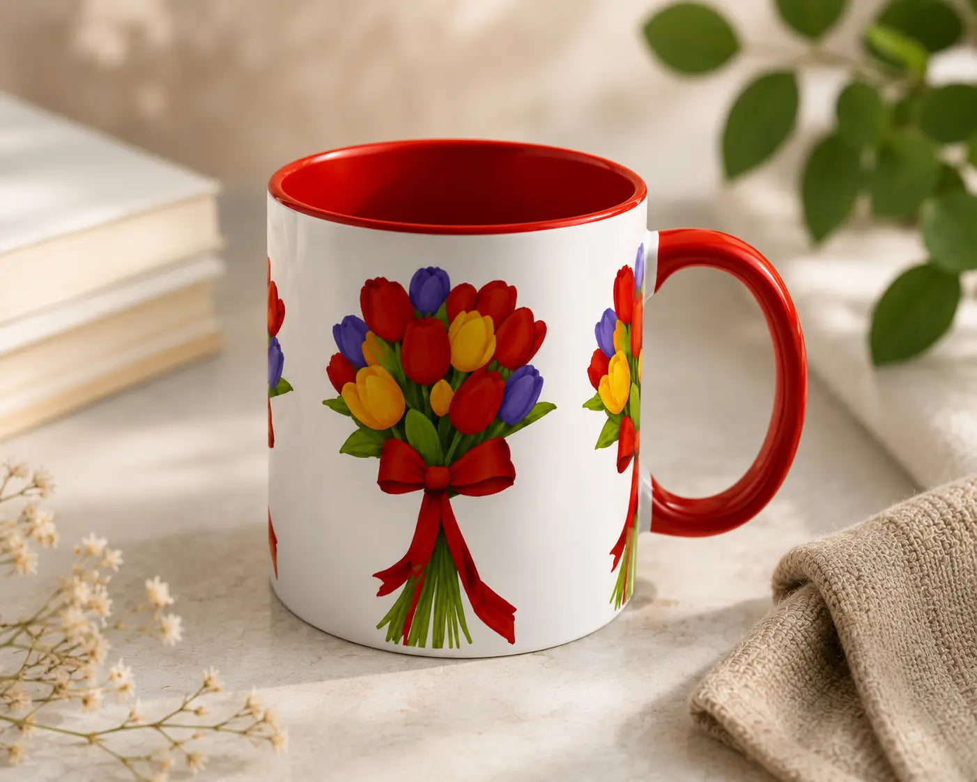 Ceramic Tulip Bouquet Mug – Red Handle 350ml