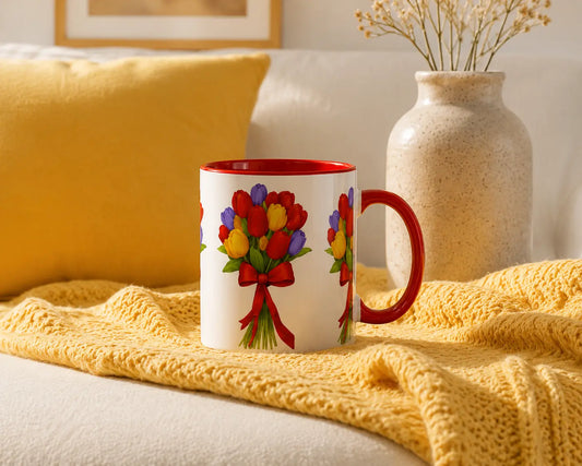 Keramische Mok Tulpenboeket – Rode Handvat 350ml