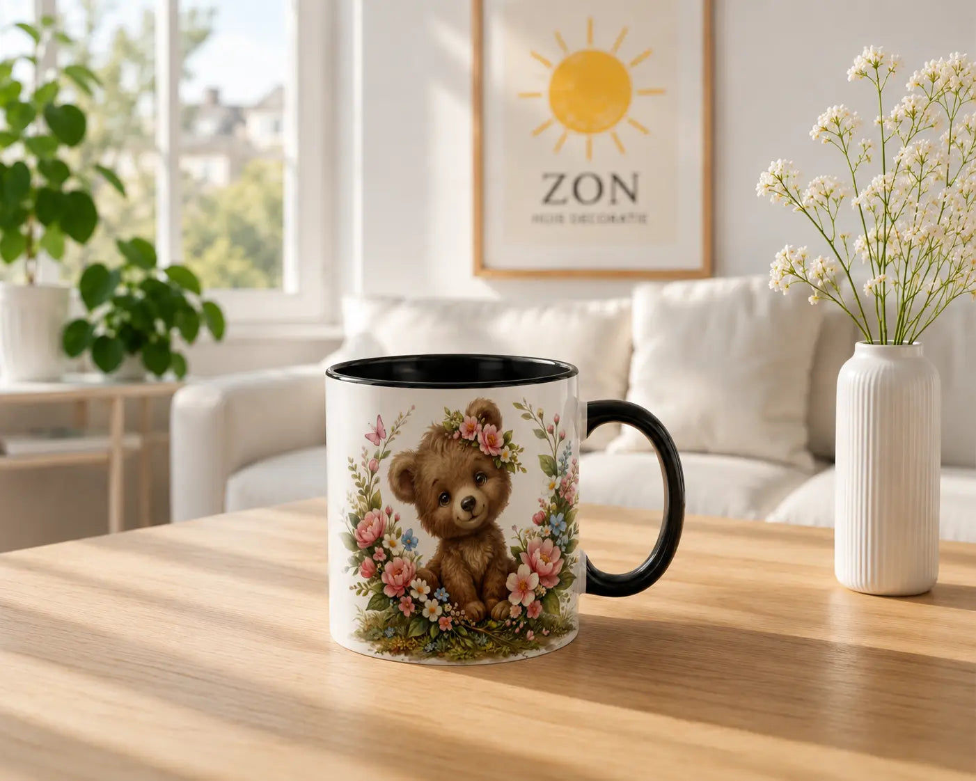 Ceramic Mug Teddy Bears with Flowers – Black Handle 325ml