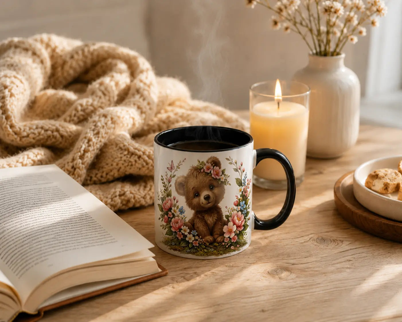 Ceramic Mug Teddy Bears with Flowers – Black Handle 325ml