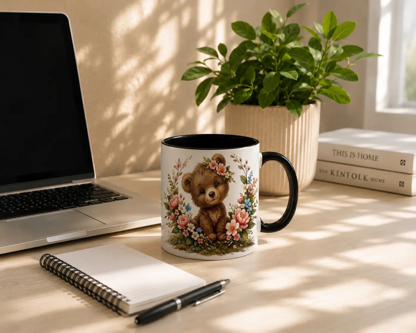 Ceramic Mug Teddy Bears with Flowers – Black Handle 325ml