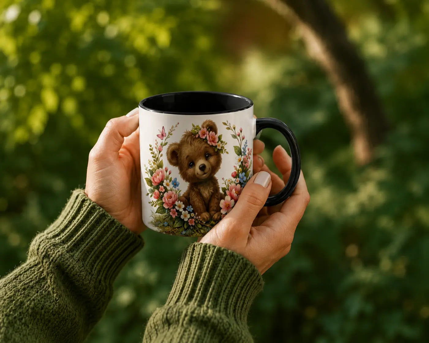 Ceramic Mug Teddy Bears with Flowers – Black Handle 325ml