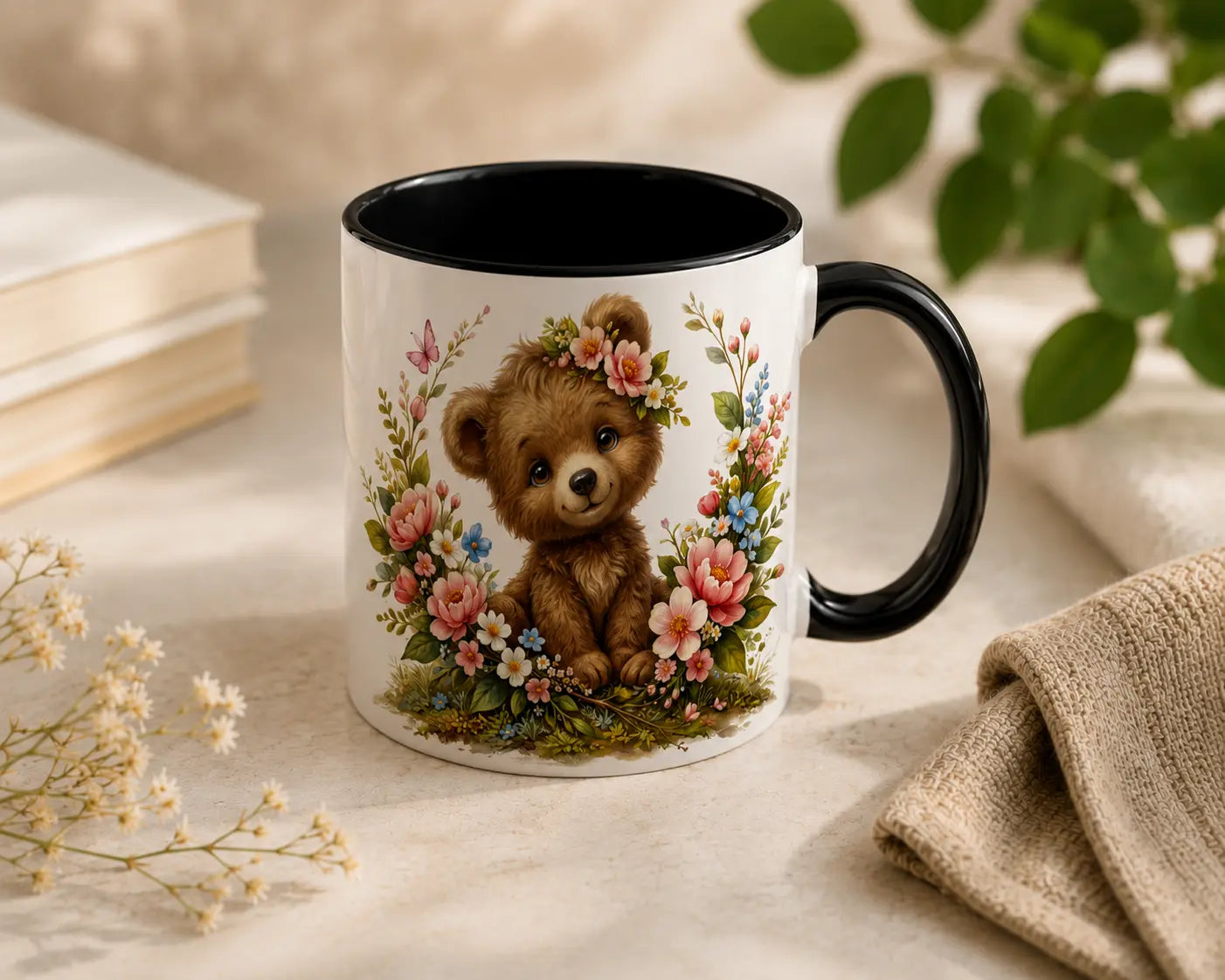Ceramic Mug Teddy Bears with Flowers – Black Handle 325ml