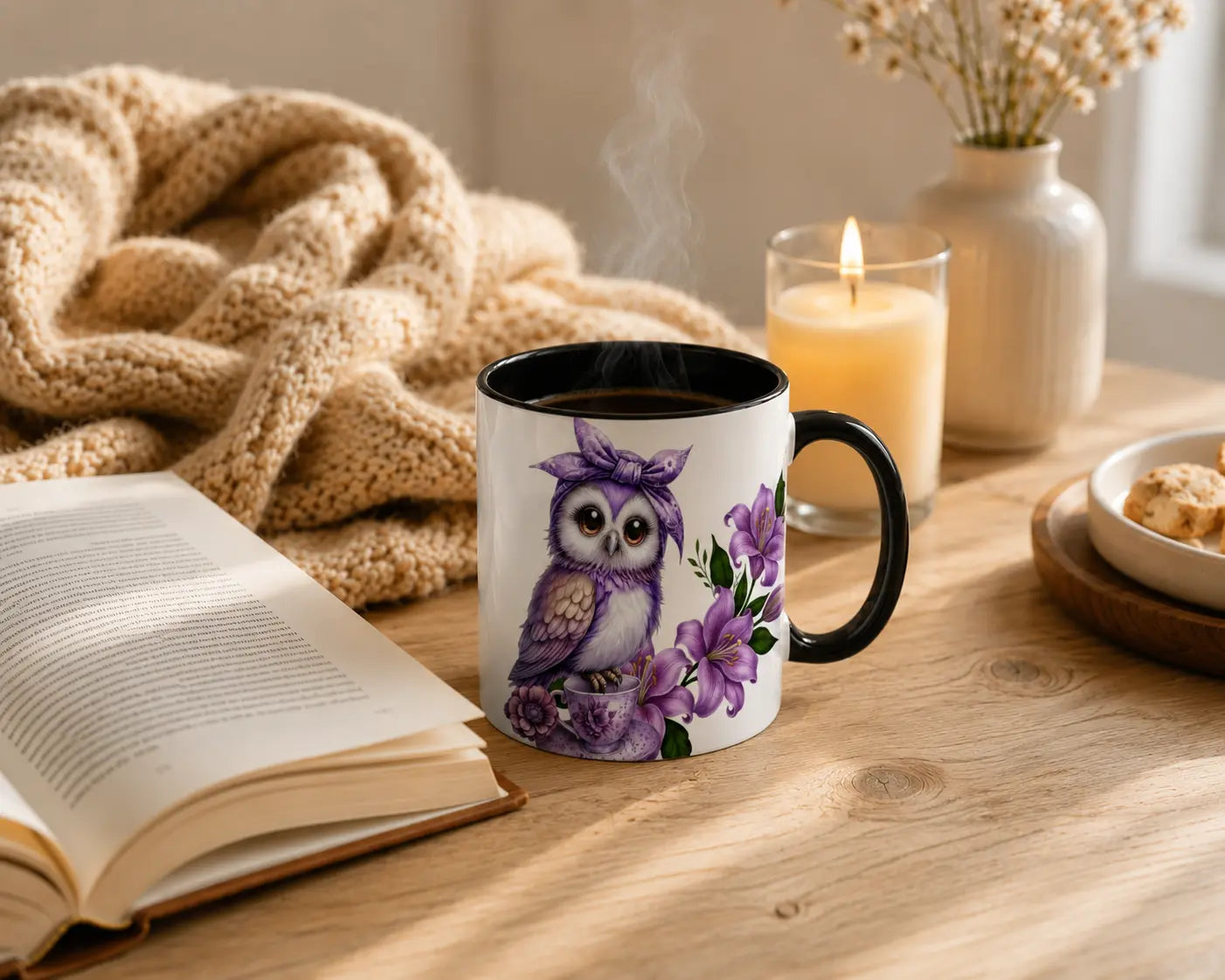 Ceramic Purple Owl Mug – Black Handle 350ml