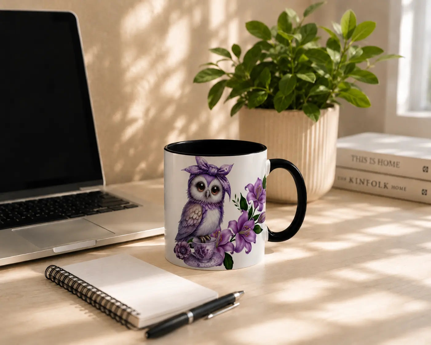 Ceramic Purple Owl Mug – Black Handle 350ml