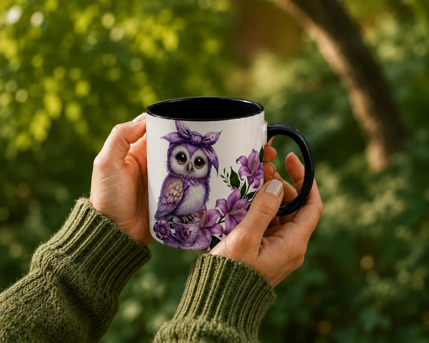 Ceramic Purple Owl Mug – Black Handle 350ml