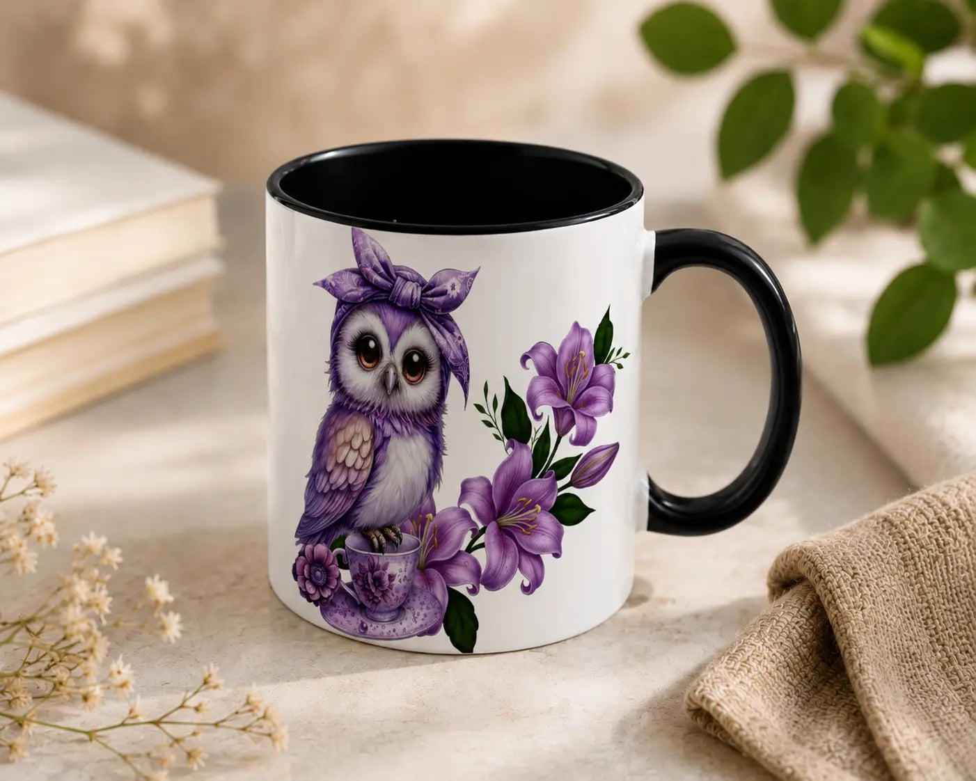 Ceramic Purple Owl Mug – Black Handle 350ml