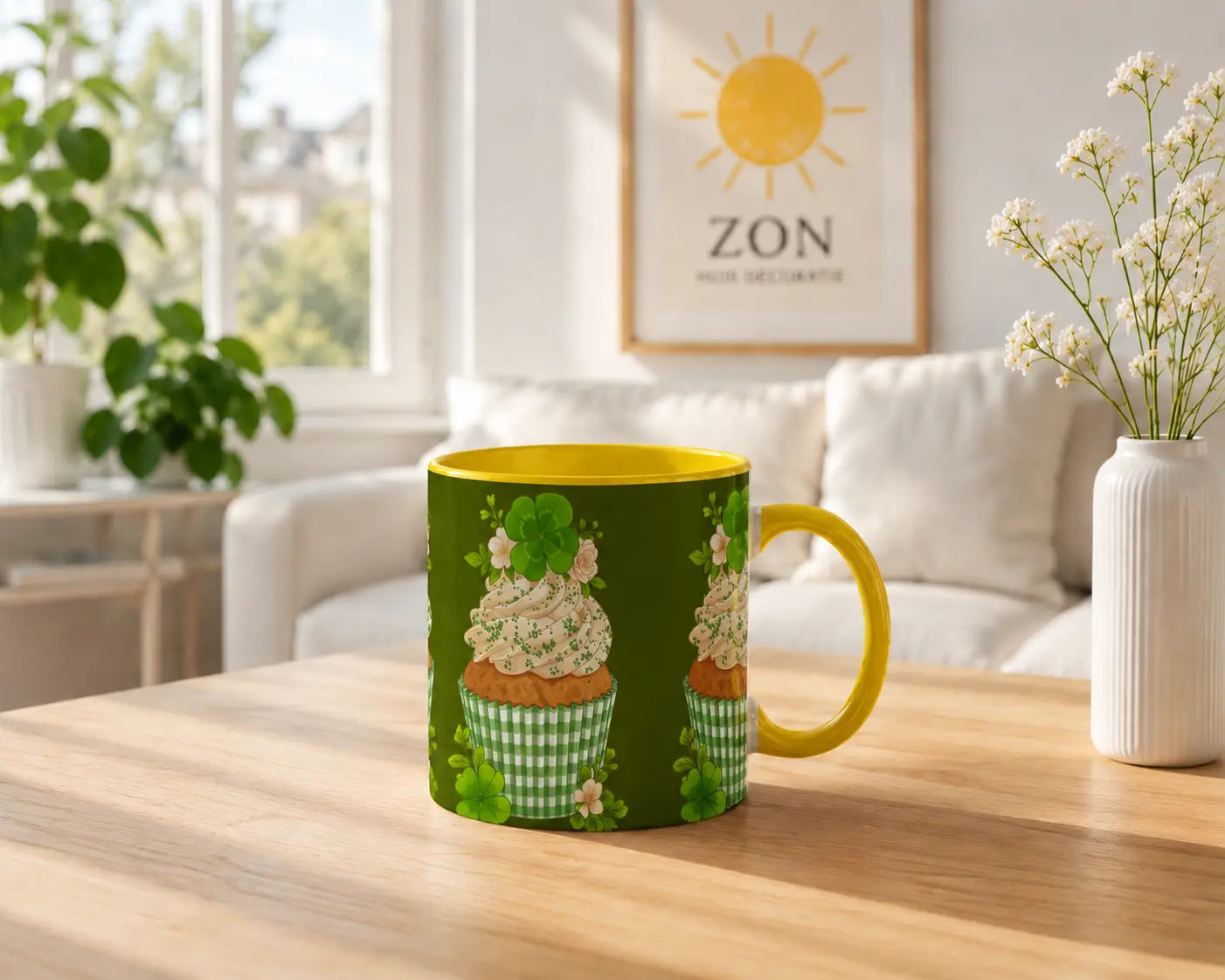 Ceramic Mug Green Cupcake – Yellow Handle 325ml