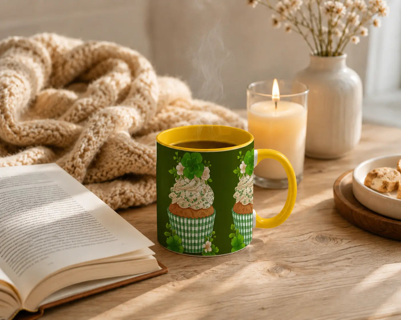 Ceramic Mug Green Cupcake – Yellow Handle 325ml