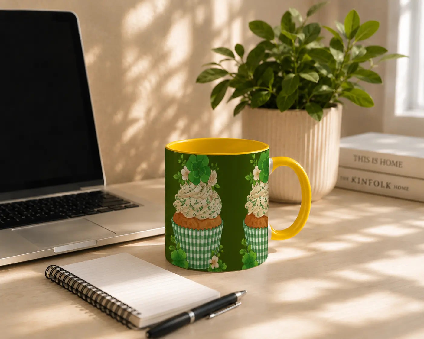 Ceramic Mug Green Cupcake – Yellow Handle 325ml