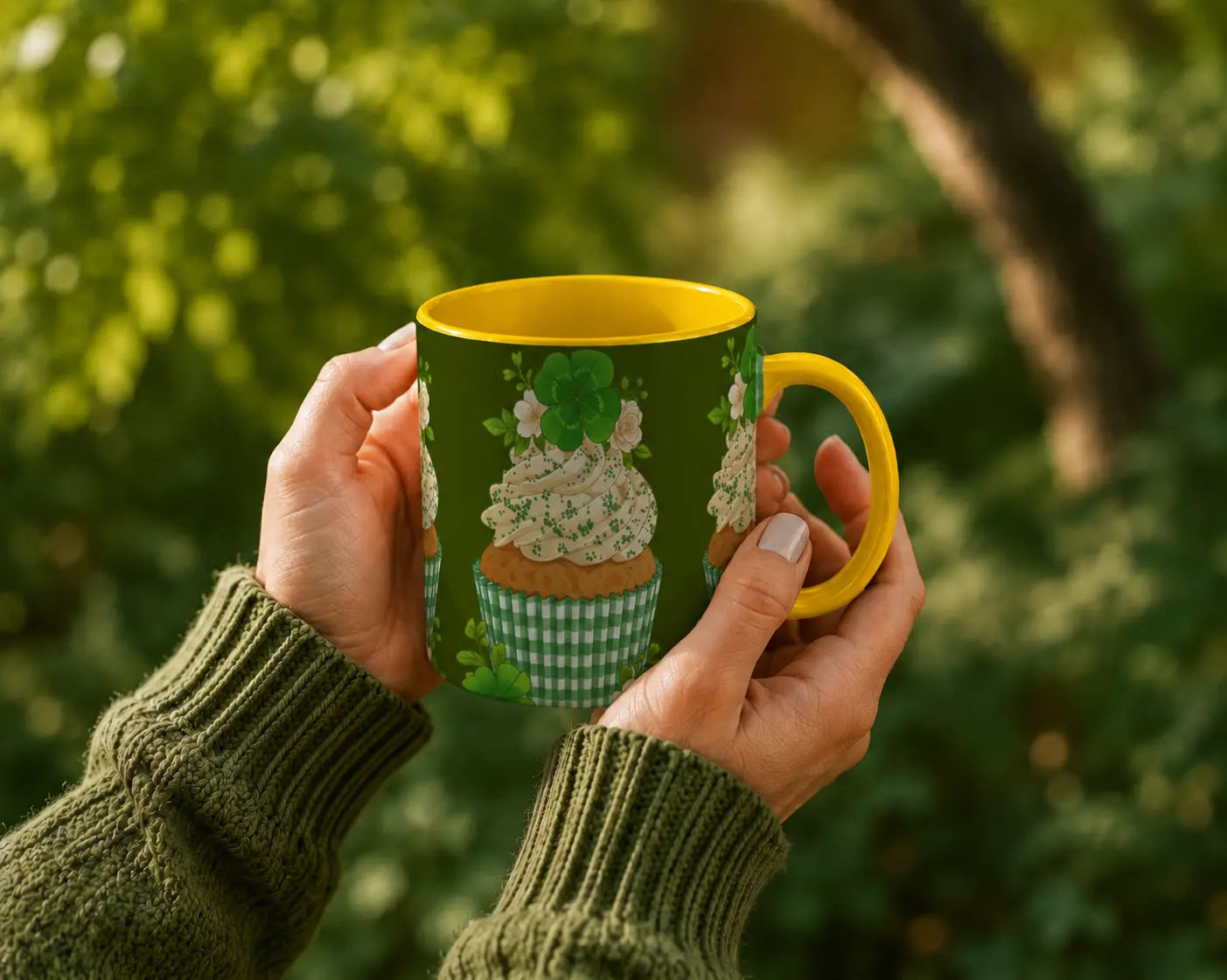 Ceramic Mug Green Cupcake – Yellow Handle 325ml