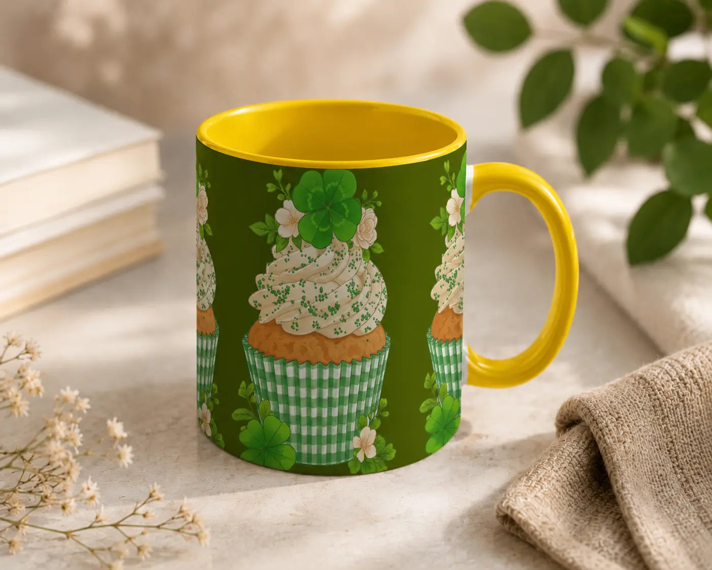 Ceramic Mug Green Cupcake – Yellow Handle 325ml