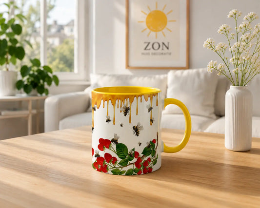 Ceramic Mug Bees & Raspberries – Yellow Handle 350ml