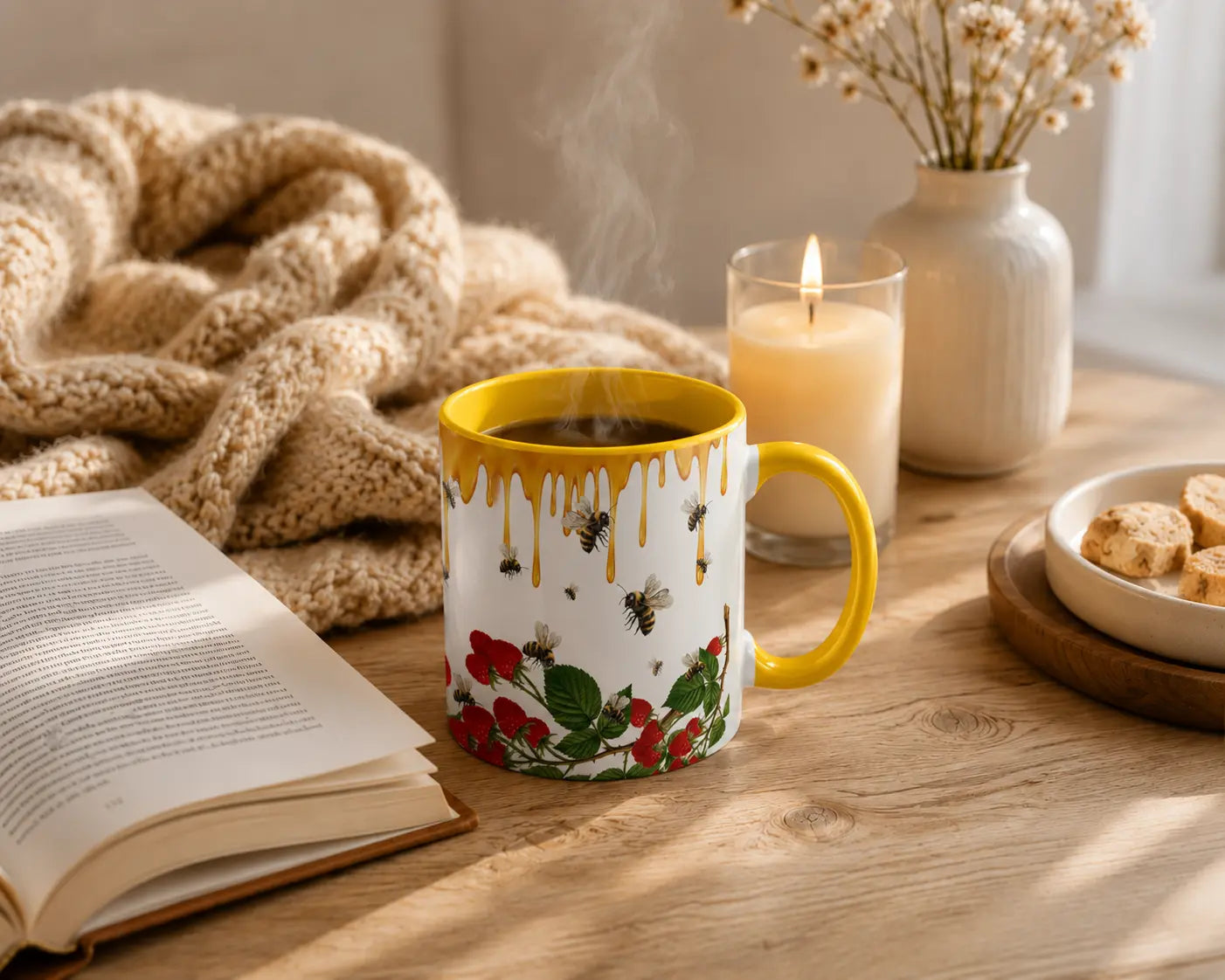 Ceramic Mug Bees & Raspberries – Yellow Handle 350ml