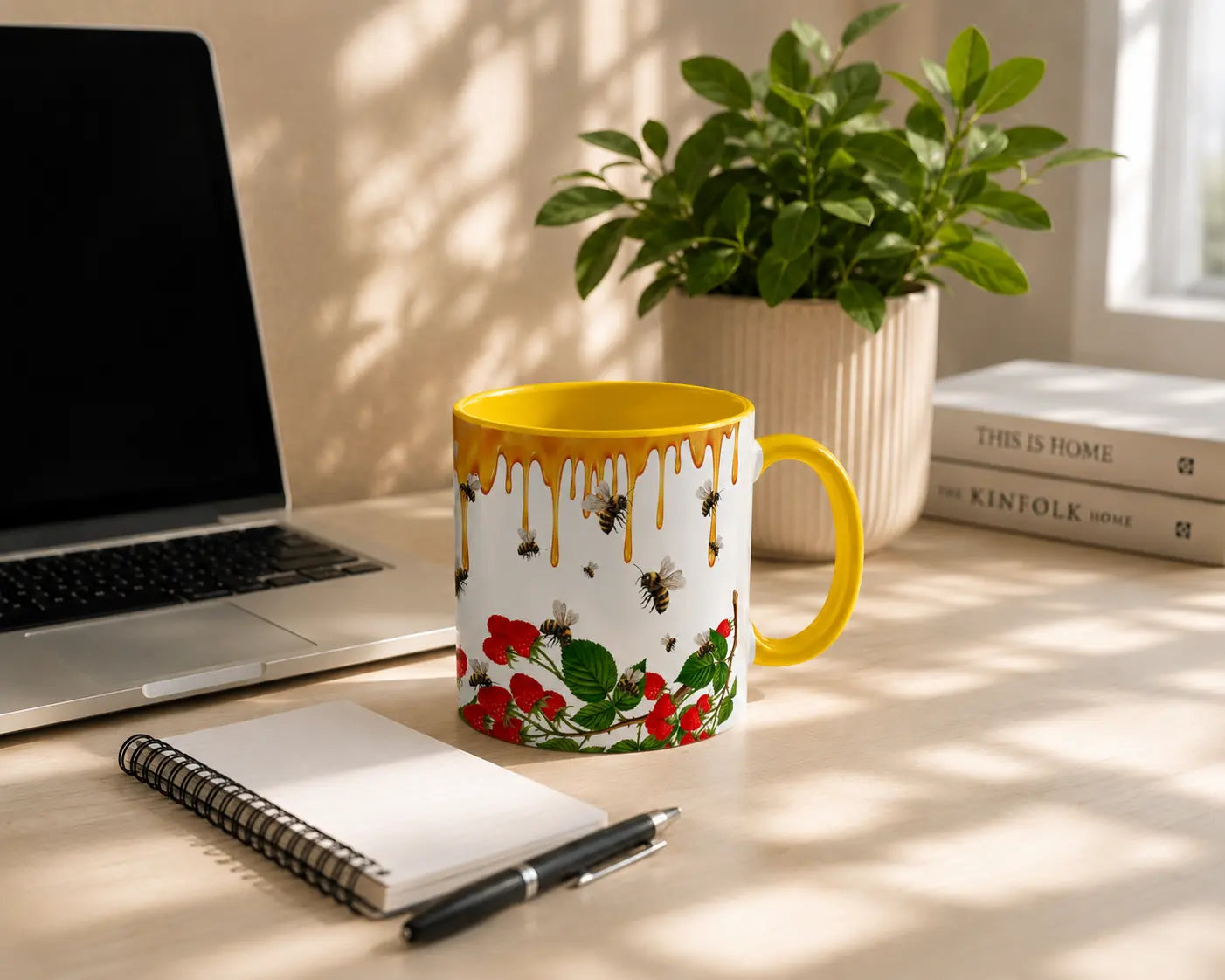 Ceramic Mug Bees & Raspberries – Yellow Handle 350ml