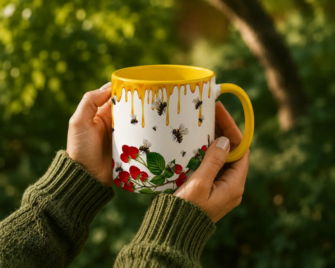 Ceramic Mug Bees & Raspberries – Yellow Handle 350ml