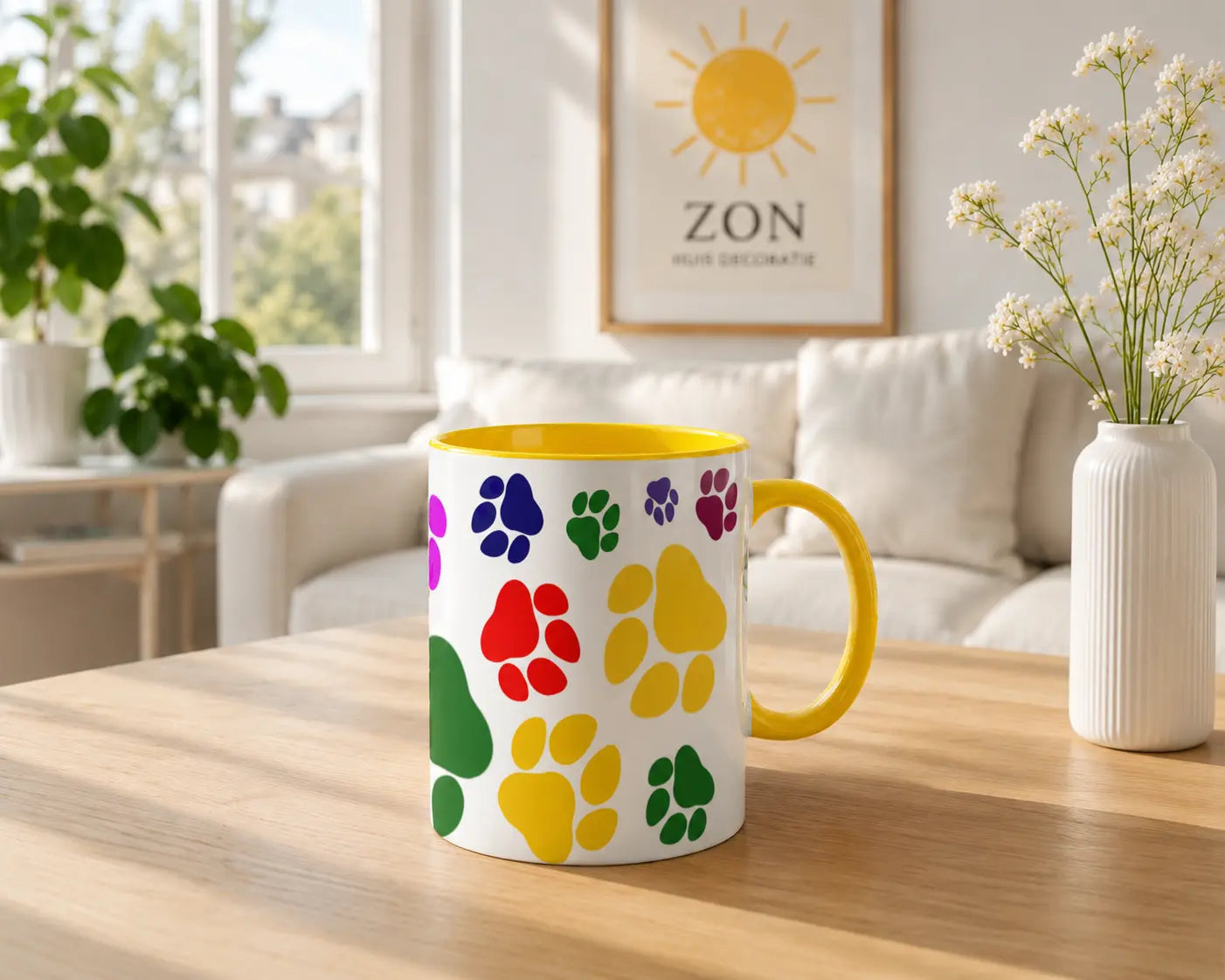 Ceramic Mug Colorful Paw Prints – Yellow Handle 325ml