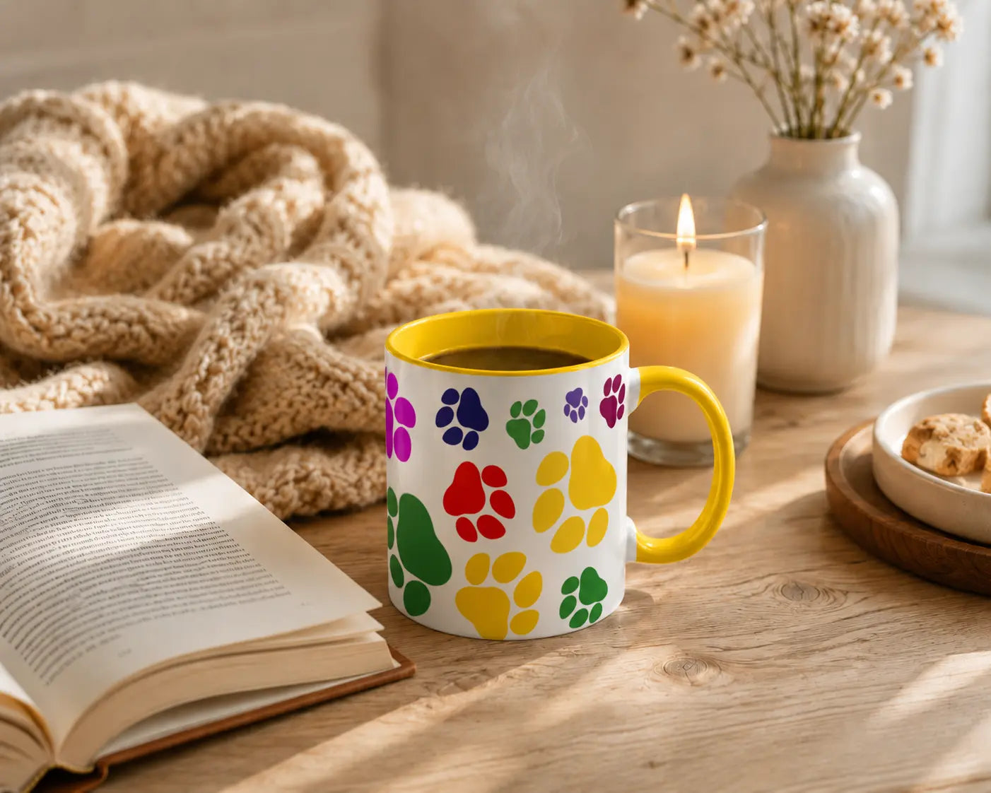 Ceramic Mug Colorful Paw Prints – Yellow Handle 325ml