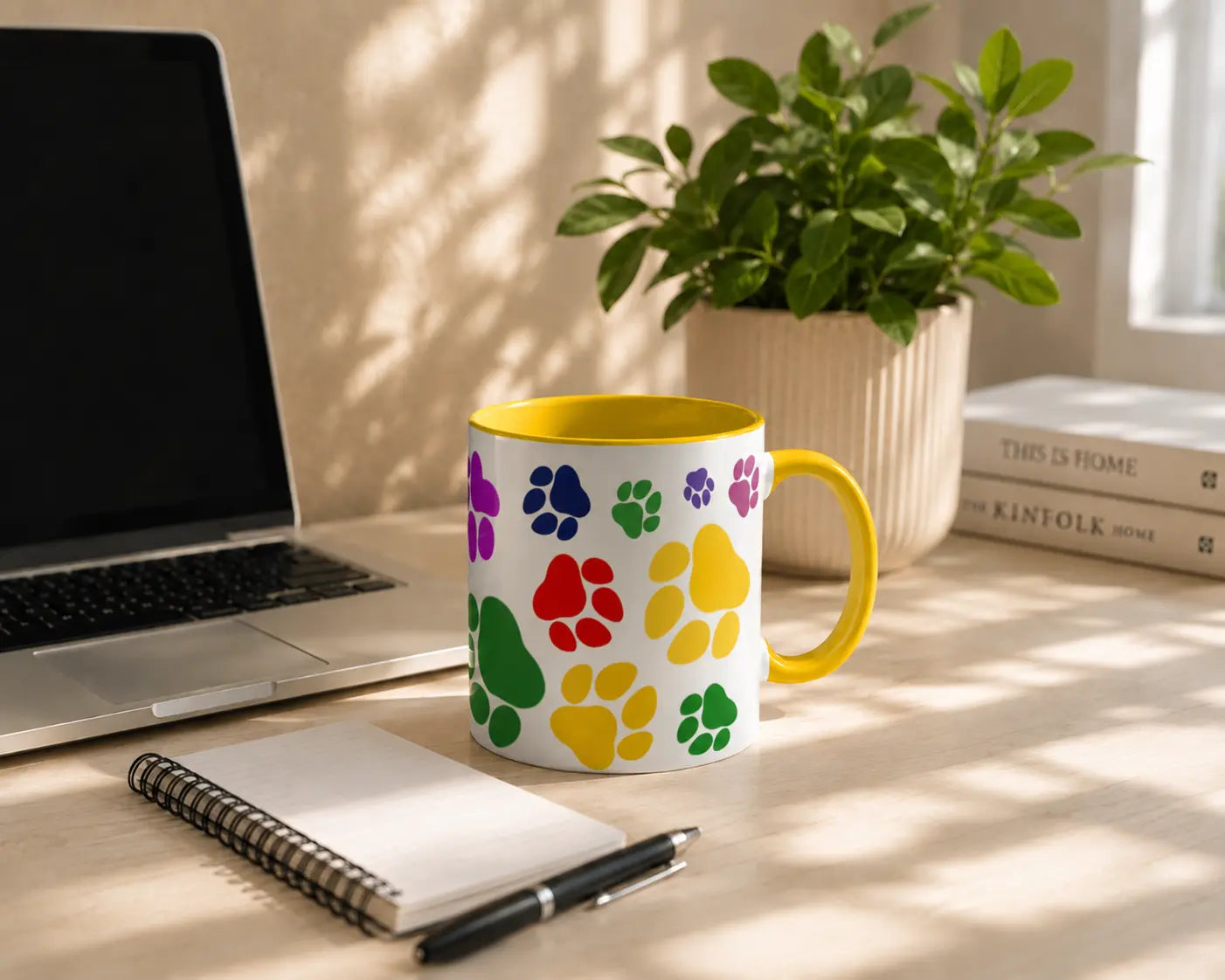 Ceramic Mug Colorful Paw Prints – Yellow Handle 325ml