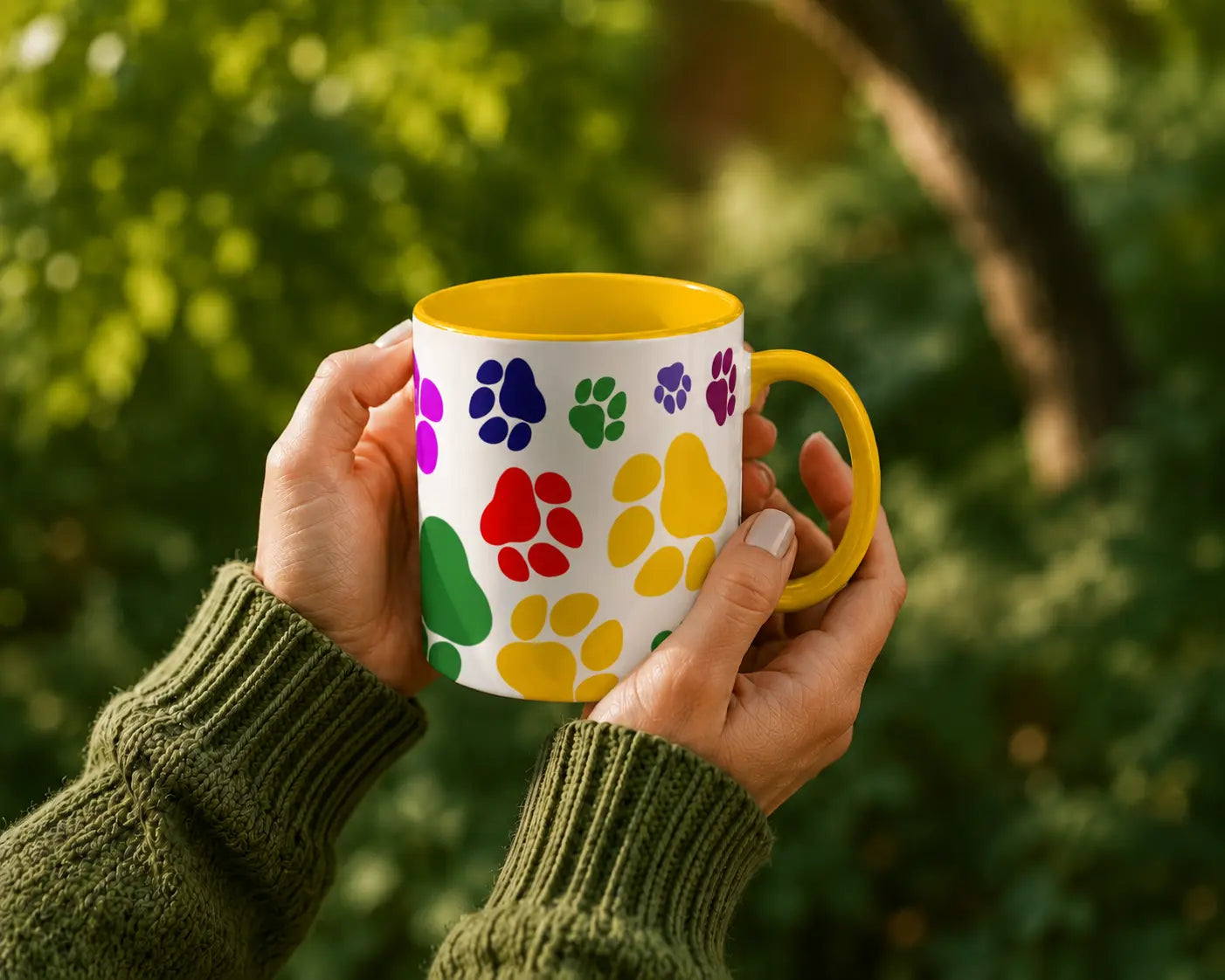 Ceramic Mug Colorful Paw Prints – Yellow Handle 325ml