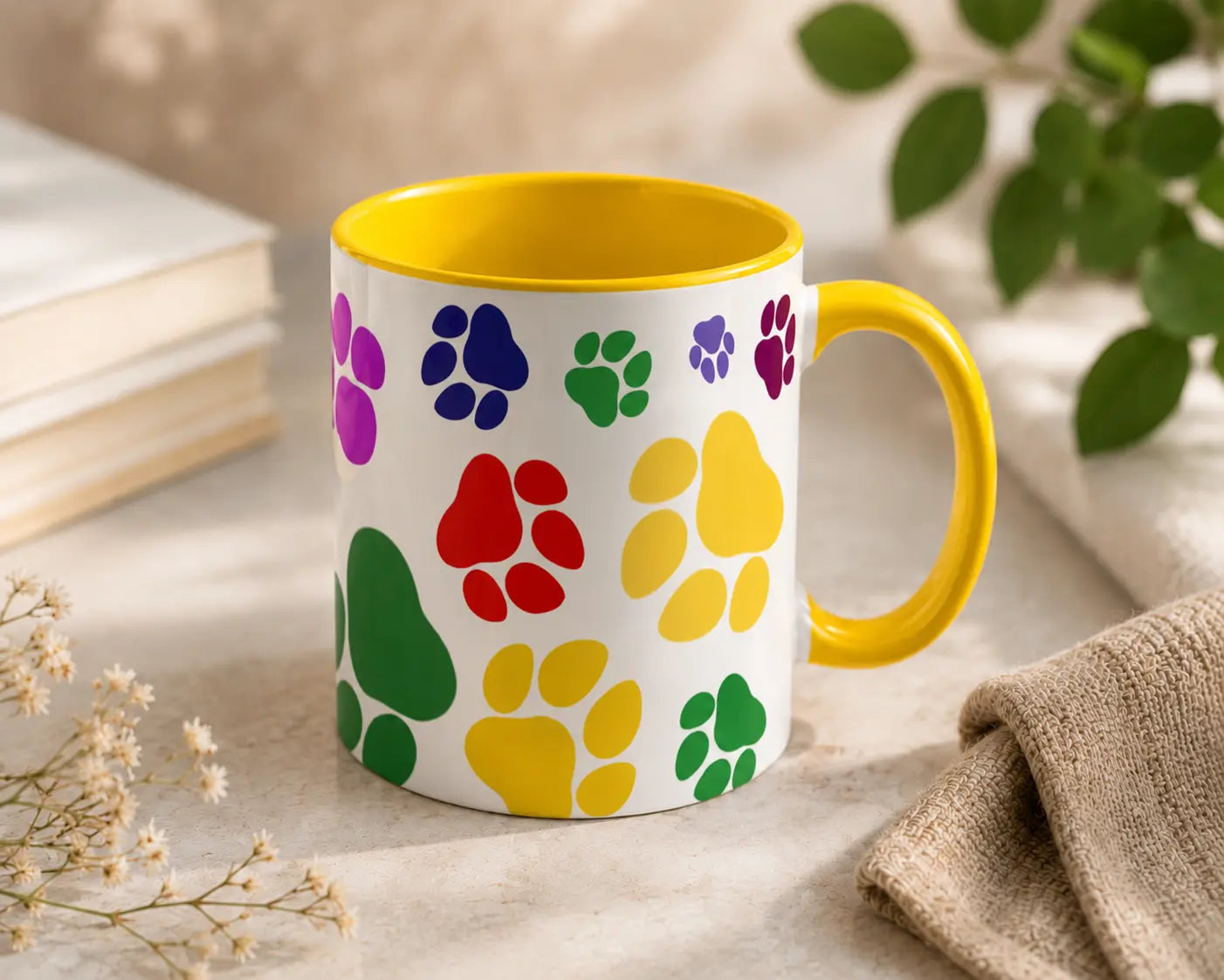 Ceramic Mug Colorful Paw Prints – Yellow Handle 325ml