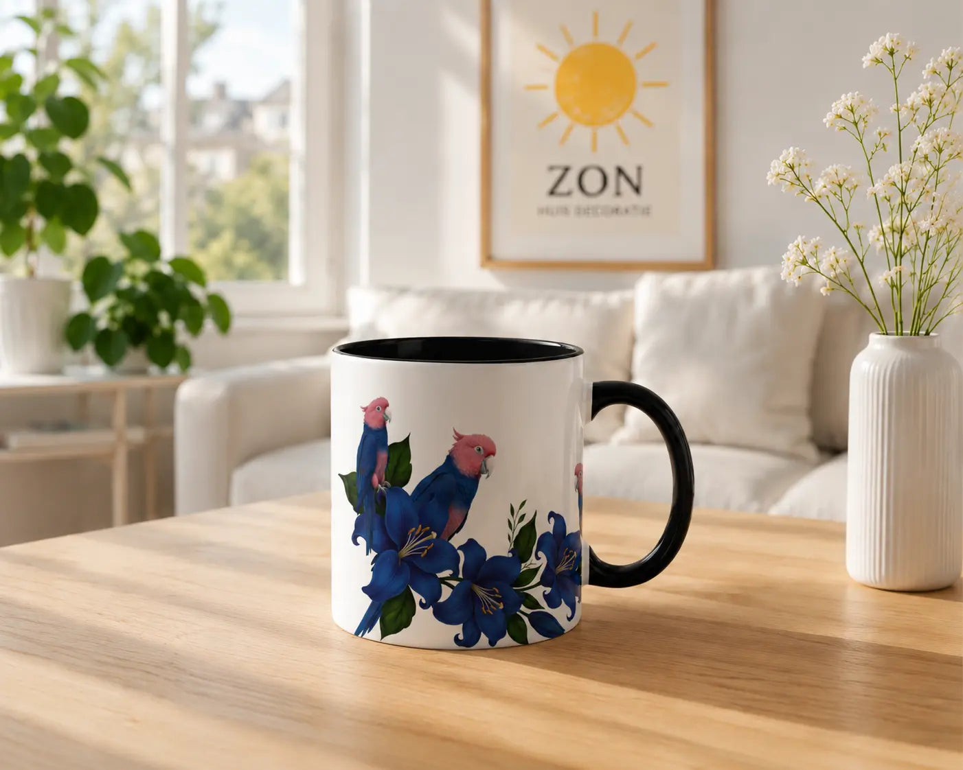 Ceramic Mug Blue Cockatoos – Black Handle 350ml
