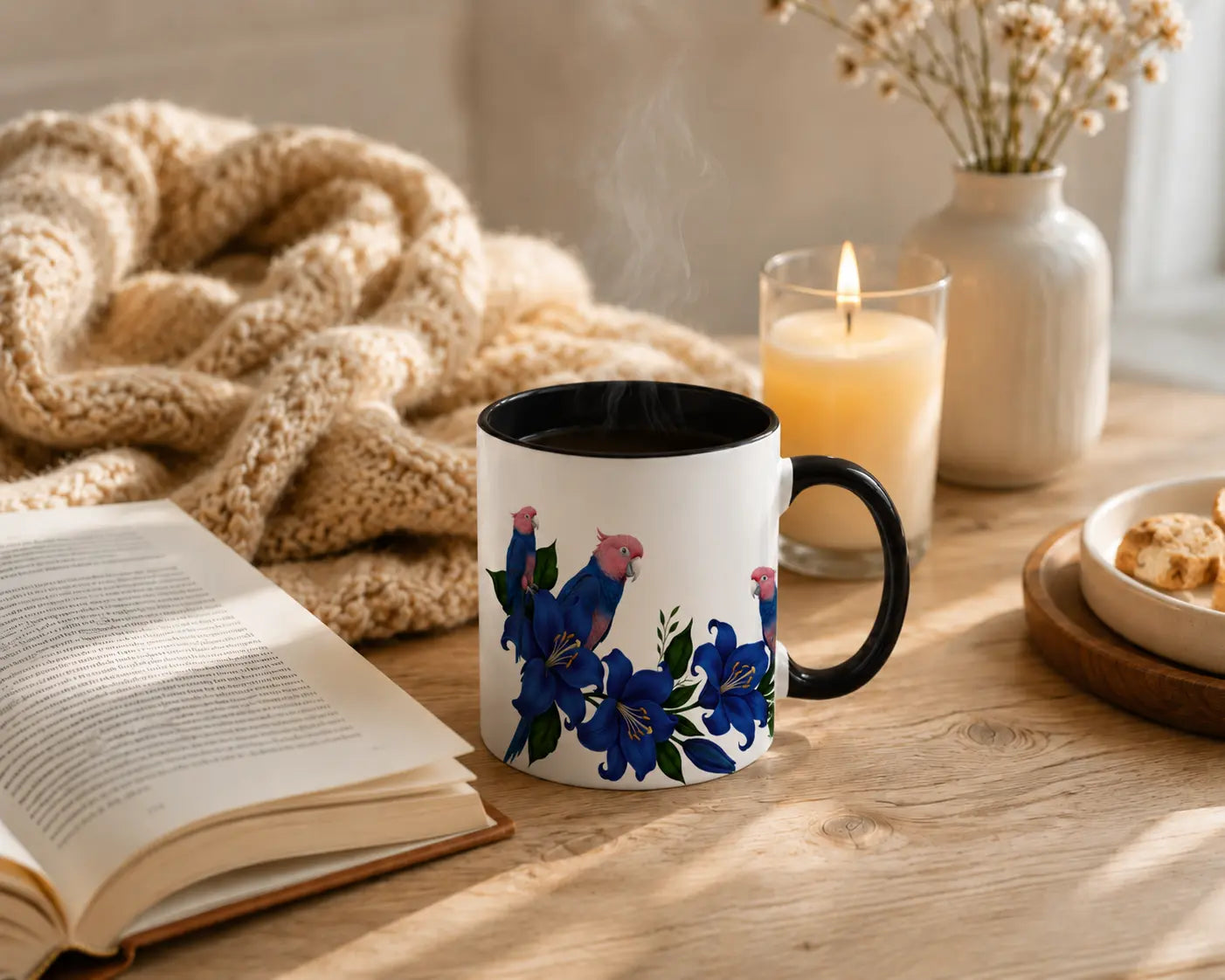 Ceramic Mug Blue Cockatoos – Black Handle 350ml