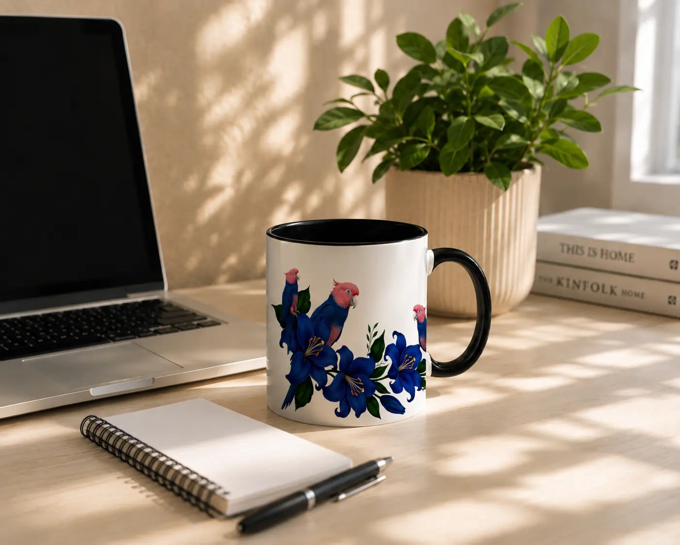 Ceramic Mug Blue Cockatoos – Black Handle 350ml