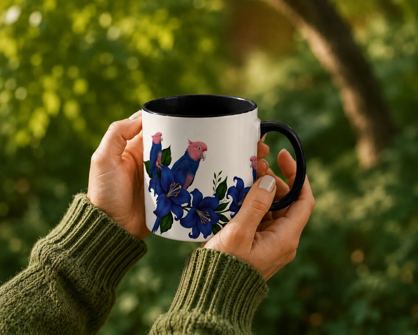 Ceramic Mug Blue Cockatoos – Black Handle 350ml