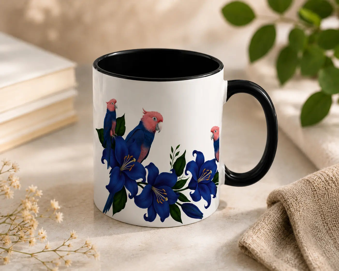 Ceramic Mug Blue Cockatoos – Black Handle 350ml