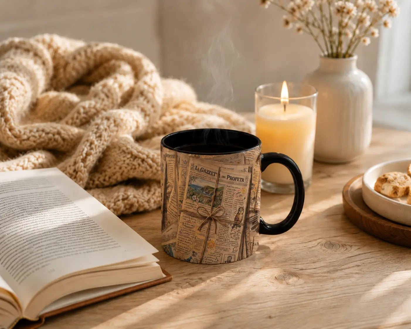 Ceramic Mug Old Newspapers – Black Handle 350ml