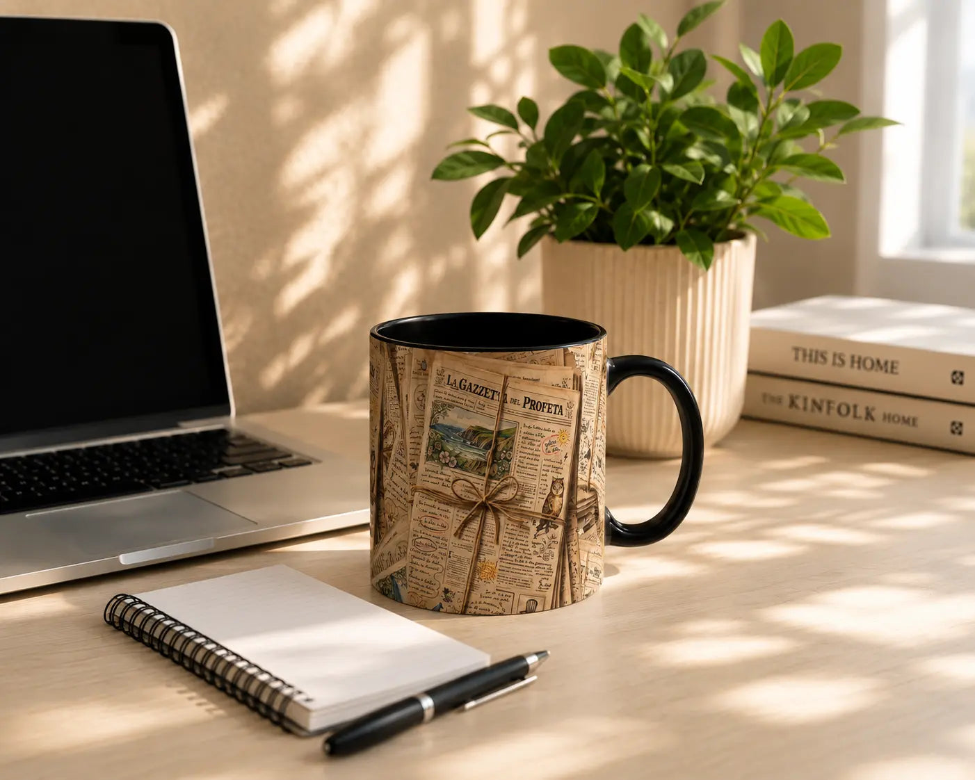 Ceramic Mug Old Newspapers – Black Handle 350ml