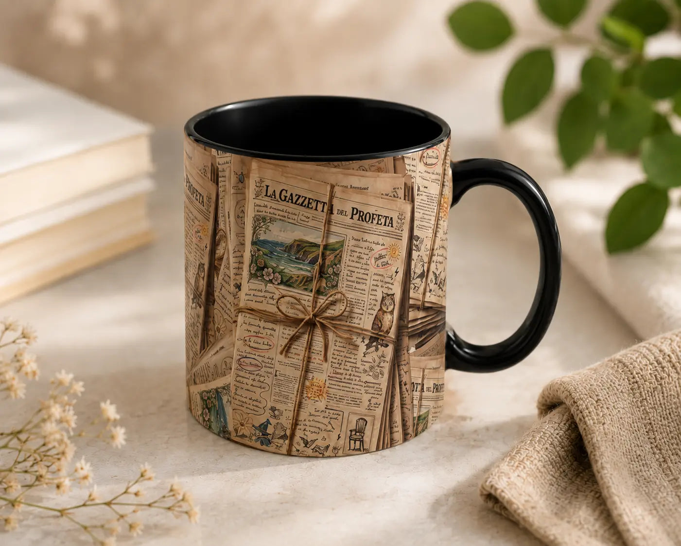 Ceramic Mug Old Newspapers – Black Handle 350ml