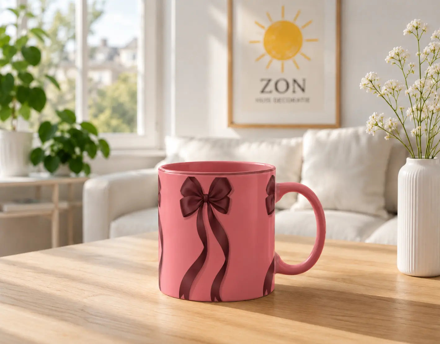 Ceramic Mug Pink Bows – Pink Handle 325ml