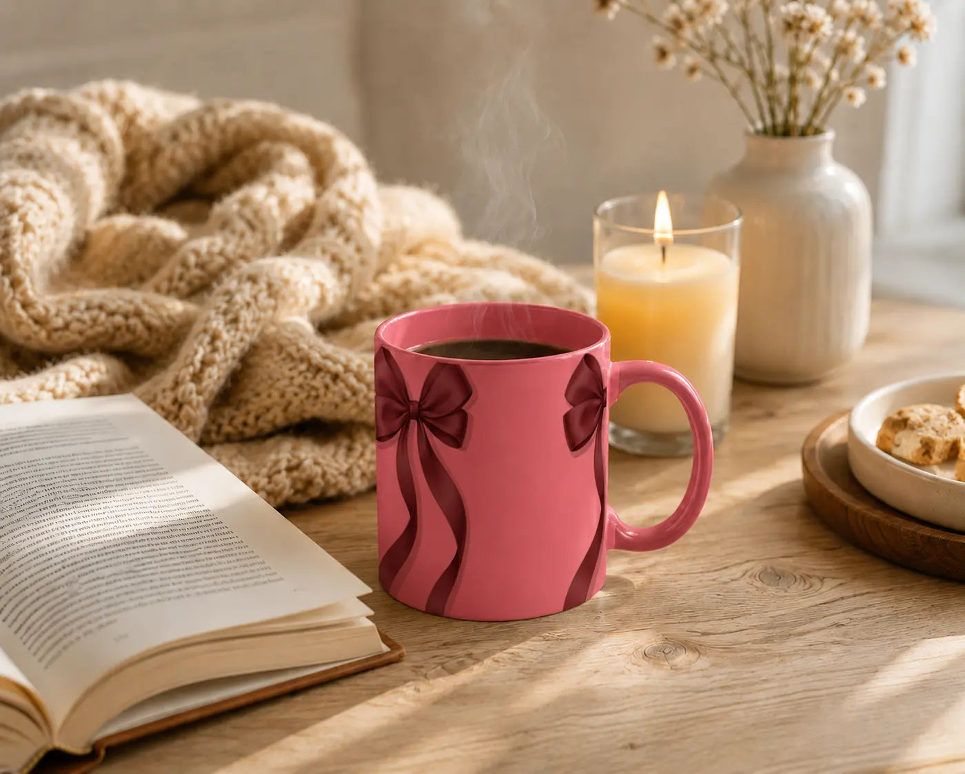 Ceramic Mug Pink Bows – Pink Handle 325ml