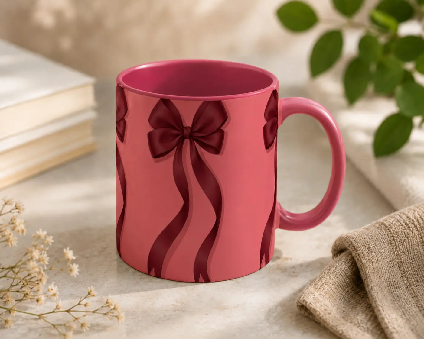 Ceramic Mug Pink Bows – Pink Handle 325ml