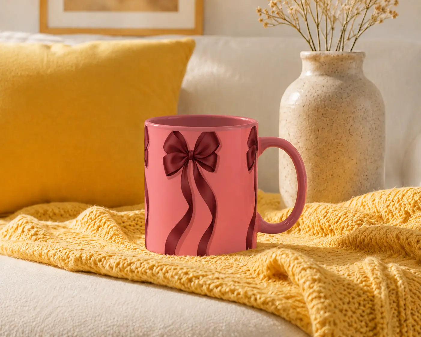 Ceramic Mug Pink Bows – Pink Handle 325ml