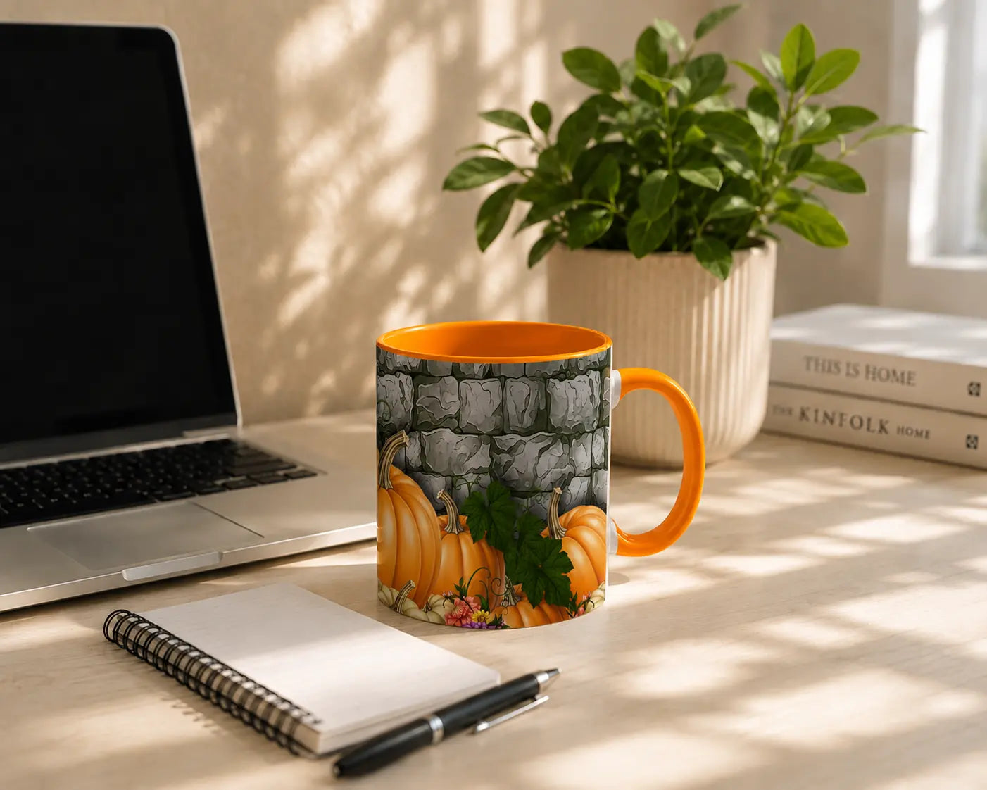 Ceramic Pumpkin Harvest Mug - Orange Handle 325ml