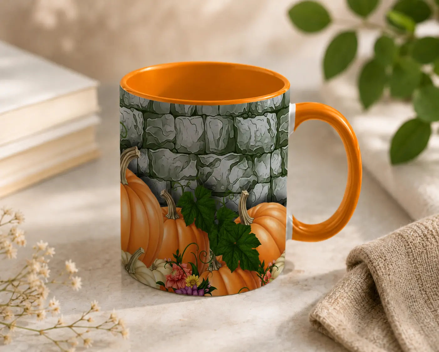 Ceramic Pumpkin Harvest Mug - Orange Handle 325ml