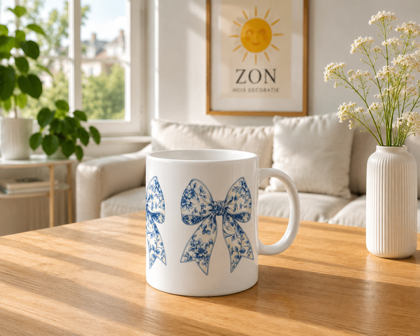 Blauwe Bloemen Strikken – Keramische Mok met Wit Handvat