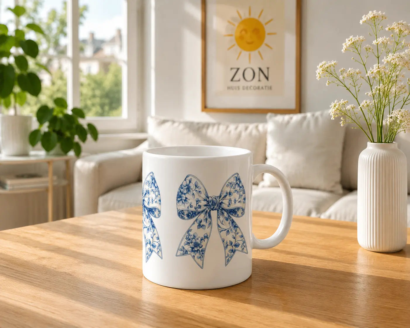 Ceramic Mug Blue Flowers Bows – White Handle 325ml