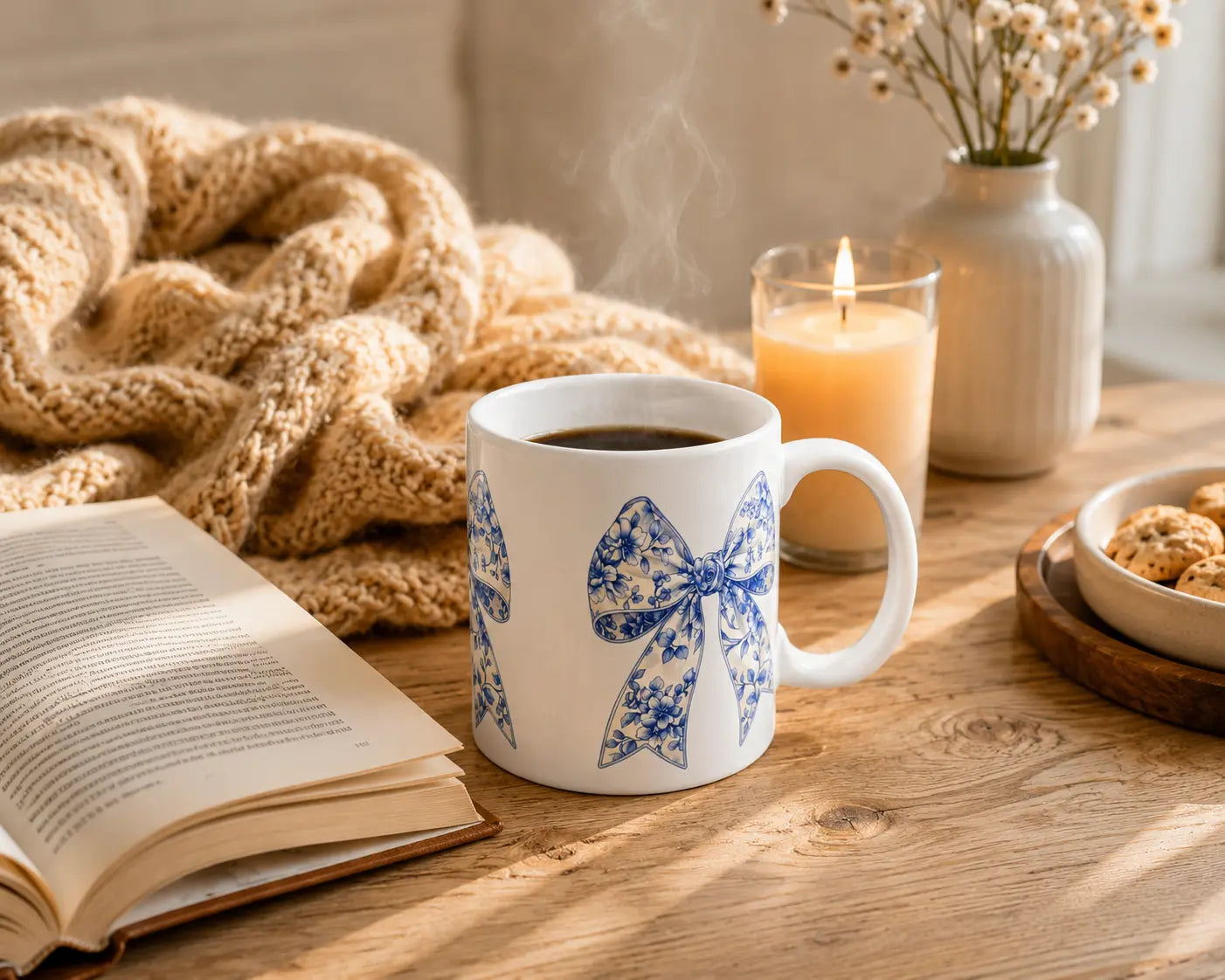 Ceramic Mug Blue Flowers Bows – White Handle 325ml