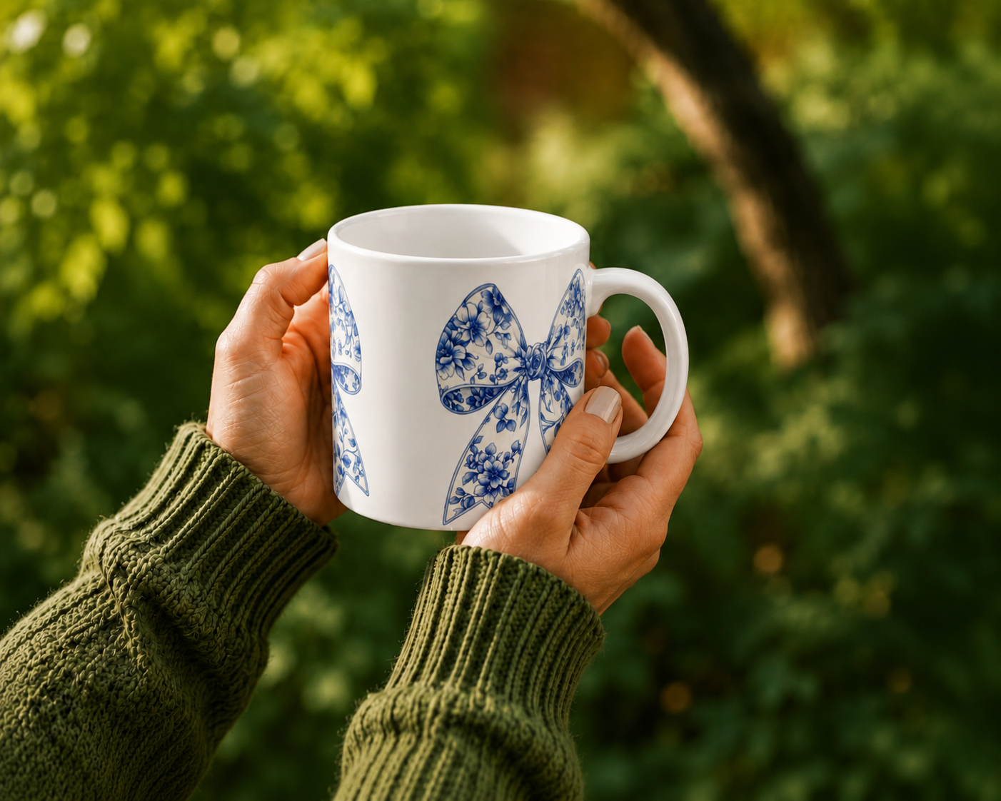 Blauwe Bloemen Strikken – Keramische Mok met Wit Handvat