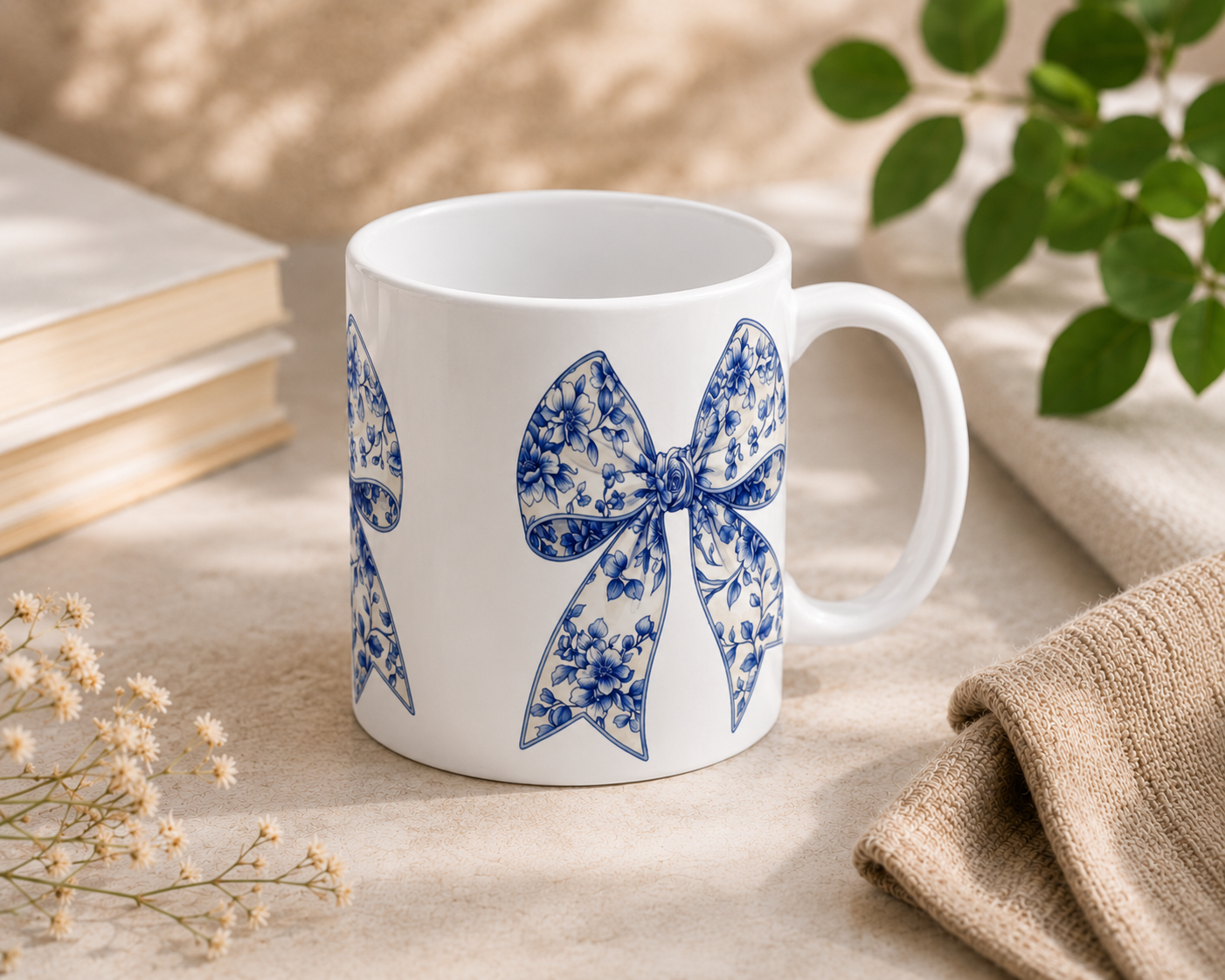 Blauwe Bloemen Strikken – Keramische Mok met Wit Handvat